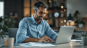 Homem sorrindo aliviado enquanto organiza documentos do PGBL no imposto de renda, demonstrando satisfação com a economia tributária alcançada.